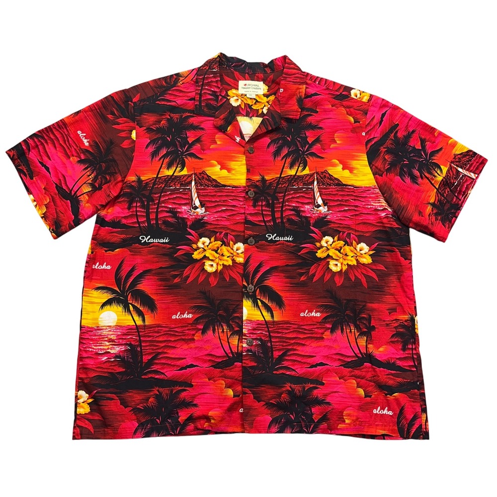 Royal Hawaiian Creations Aloha Shirt Hawaii Palm Tree Sunset‎ 2XL Boho Beach